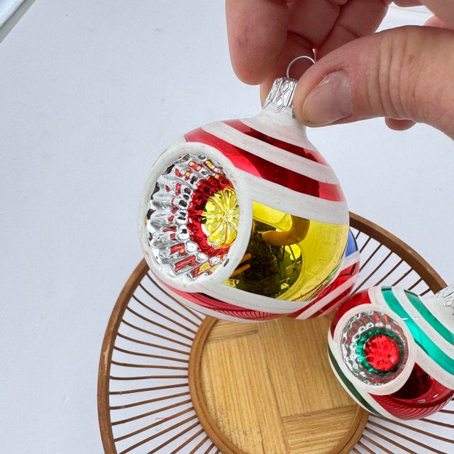 Glass 1990s Kurt Adler Style Colorful Reflector Striped Ornaments- Set of Three For Sale - Image 7 of 9