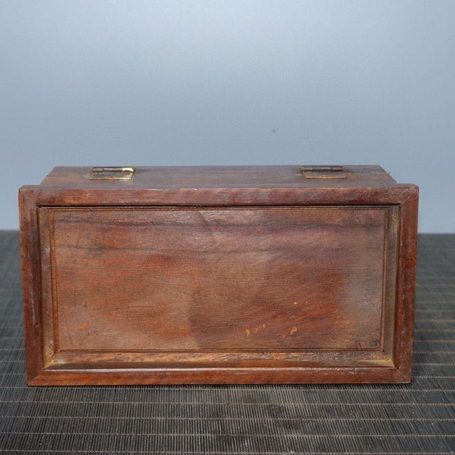 1980s 1980s Hardwood Jewelry Casket, Mother‑of‑Pearl Inlaid Fortune Character & Children Motif Storage Box With Lock Hardware For Sale - Image 5 of 8