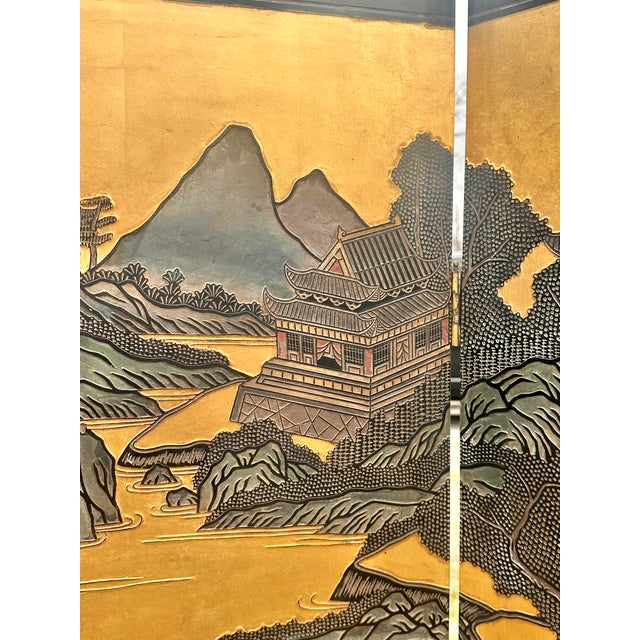Gold 1970s Chinese Export Six Panel Coromandel Screen With Gold Leaf For Sale - Image 8 of 16
