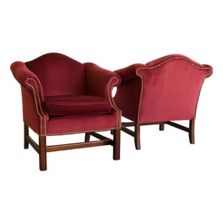 Pair, Vintage Chippendale Style Camelback Club Chairs in Burgundy Velvet With Brass Nailheads, Late 20th Century For Sale