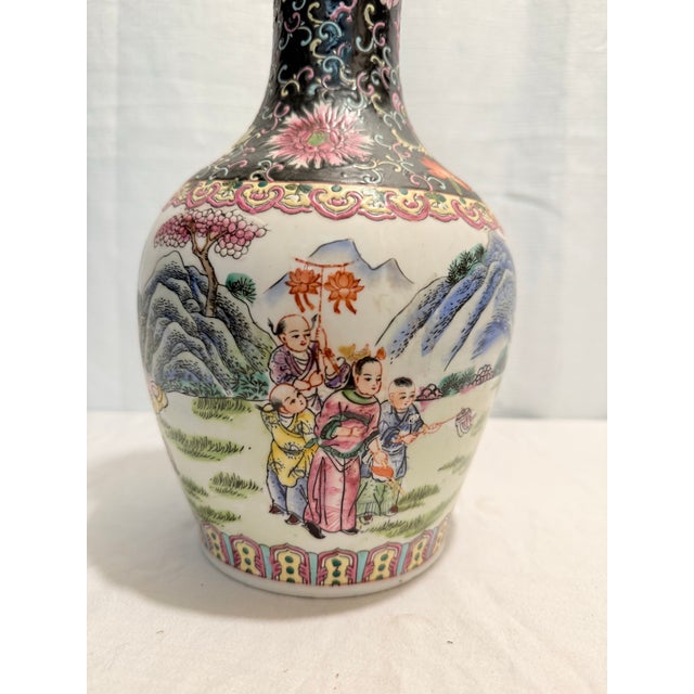 Vintage 14" Famille Noire & Rose "Boys at Play" Vase by Turtle and Crane - Chinoiserie Chic For Sale - Image 4 of 9