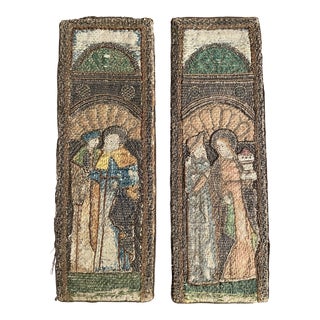 15th Century Medieval Split Stitch Linen & Silk Orphrey Altar Piece Bands. Opus Anglicanum Style. For Sale