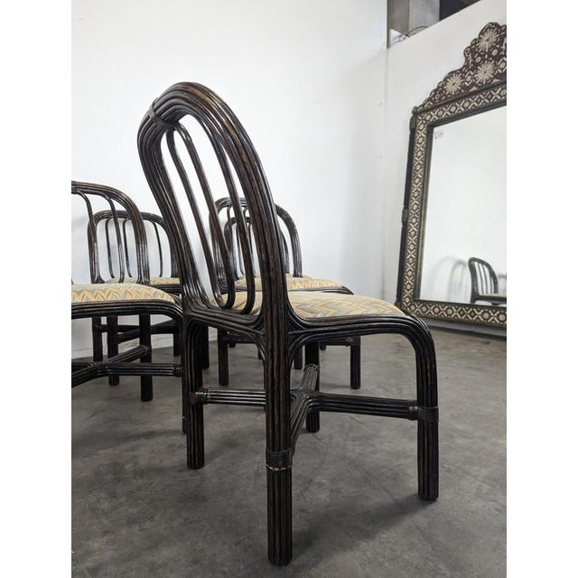 Black Black Lacquered Rattan Chairs with Fabric Seats, 1970s, Set of 6 For Sale - Image 8 of 10