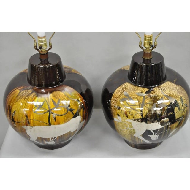 Mid Century Modern Sunset Cosco Ram Brown Drip Glaze Pottery Table Lamps Pair B For Sale In Philadelphia - Image 6 of 12