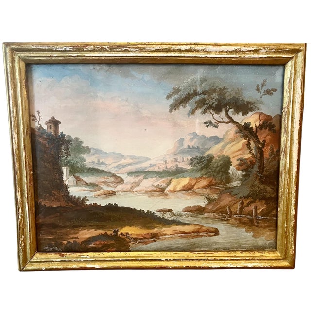 French Landscape Watercolor in Gilt Frame For Sale - Image 4 of 4