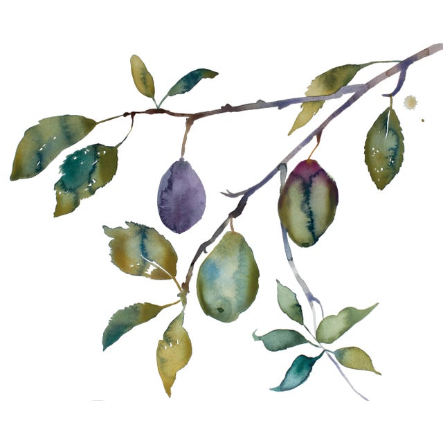 "Plum Study" Contemporary Original Botanical Tree Branches and Leaves Watercolor Painting by Elizabeth Becker For Sale