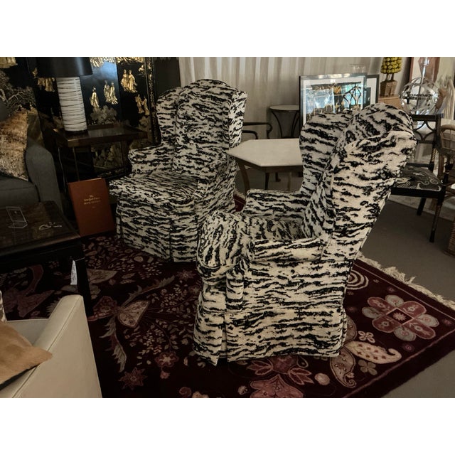 Pair of Antique Wing Chairs, Not Identical Upholstered in F.Schumacher Serengeti Fabric For Sale In Detroit - Image 6 of 8
