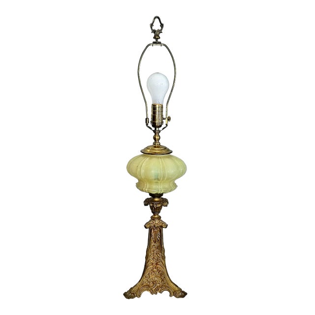 French Dore' Electrified Vaseline Glass Oil Lamp For Sale