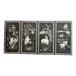 Set of Four Chinese Black Lacquer Panels With Dimensional Mother-of-Pearl Inlay, Figural Pastoral Scenes
