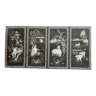 Set of Four Chinese Japonisme Black Lacquer Panels With Dimensional Mother-of-Pearl Inlay, Figural Pastoral Scenes For Sale