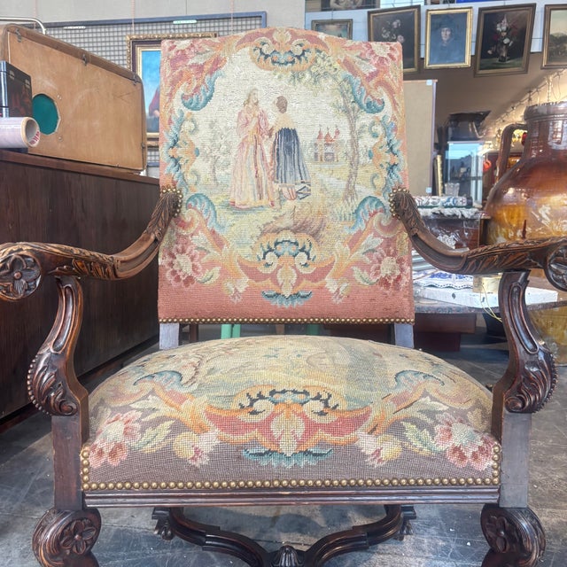 Antique Walnut Armchairs Upholstered with Aubusson, France, 1700, Set of 2 For Sale - Image 14 of 18