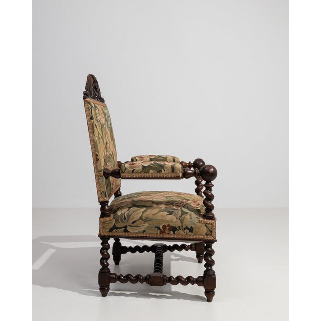 Brown Jacobean Oak Upholstered Armchair with Floral Carving, Antique, France, Circa 1880 For Sale - Image 8 of 13
