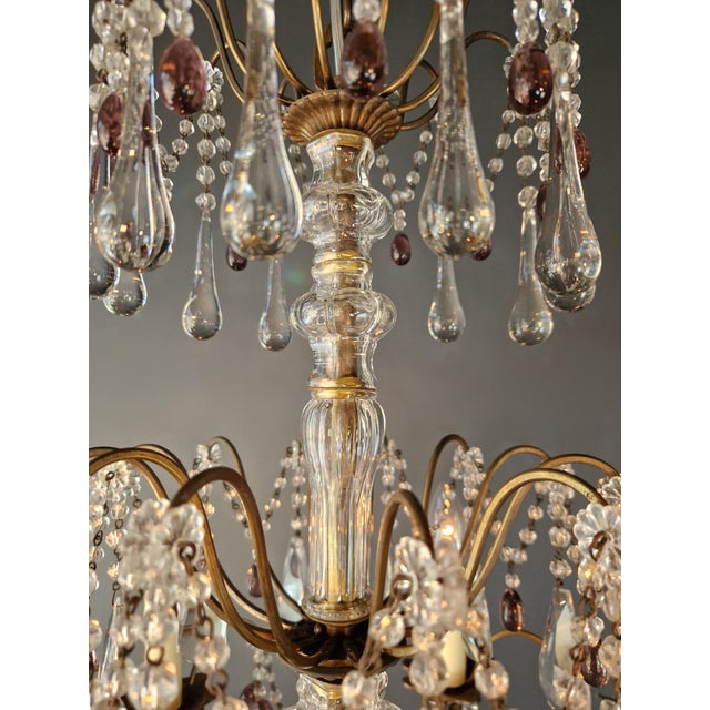 Brass 1920s Italian Chandelier Murano Glass Elements Crystal Chandelier With Colored Drops For Sale - Image 8 of 13
