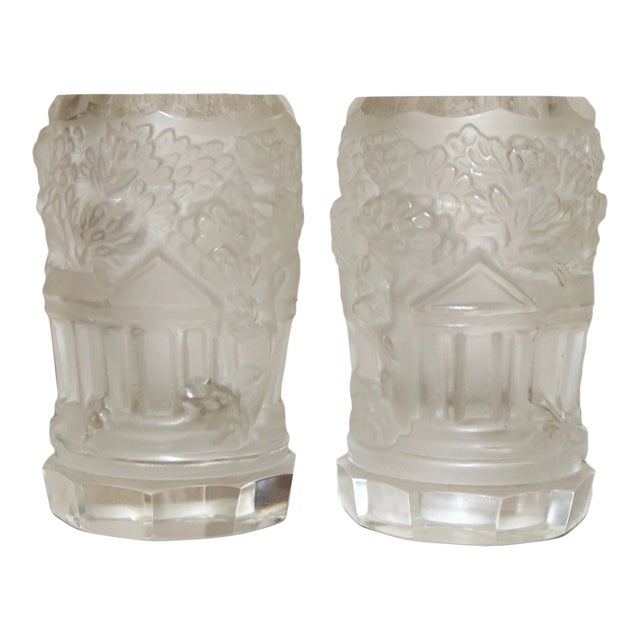 Pair 2 Vintage Capitol Building Frosted Clear Crystal Candlestick Candle Holders For Sale