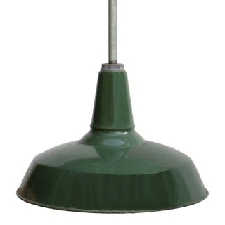 Vintage Industrial Chic Pendant Light With Green Enamel Shade For Sale