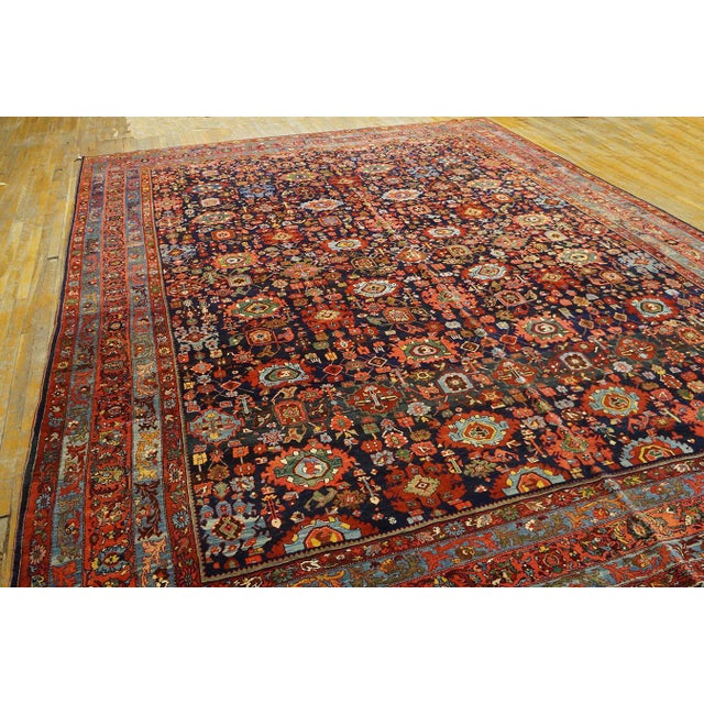 Early 20th Century W. Persian Bijar Harshang Carpet 11'8" x 14'2" - 356 x 432 Antique Bijar Persian Blue 1900s Rug, Circa...
