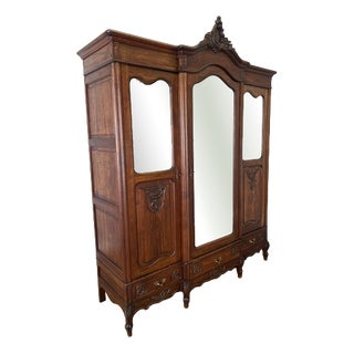 Antique French Rocaille Carved Oak 3-Door Armoire with Mirror For Sale
