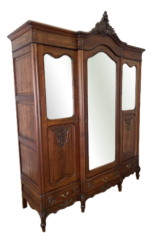 Antique French Rocaille Carved Oak 3-Door Armoire with Mirror