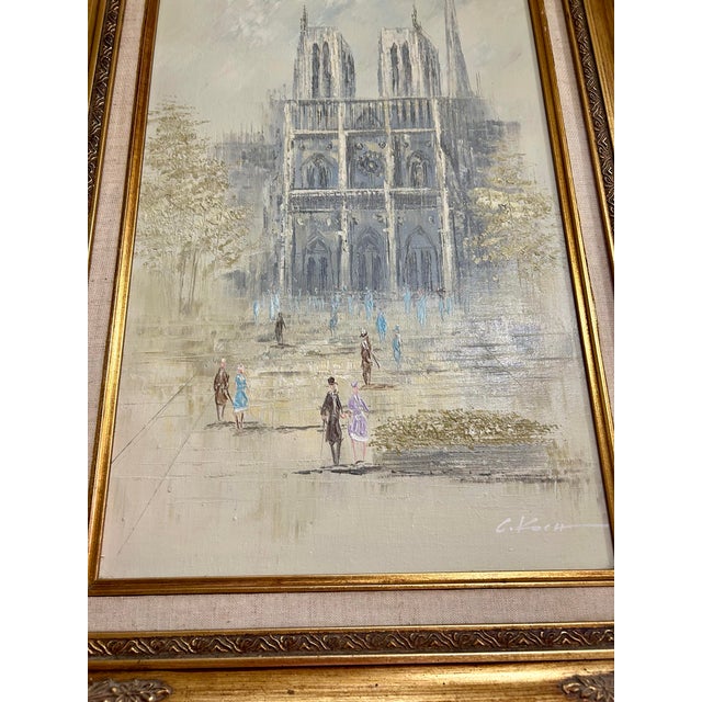 1980s Vintage, Signed, Original Oil on Canvas, by Artist C Koch, Gold, Baroque Frame, the Cathedral of Notre Dame/Parisan Scene, Impressionism, Impasto For Sale - Image 5 of 10