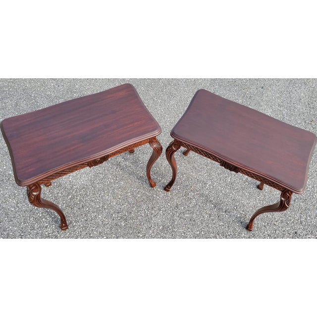 Mid 20th Century Pair of French Country American Made Mahogany Carved Side End Tables For Sale - Image 4 of 12