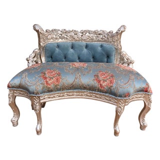 1970s French Artisan Louis XVI Silver Blue Settee For Sale