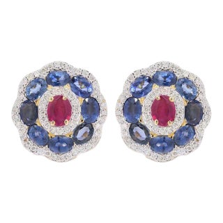Regal 4.21ct Sapphire & Ruby Diamond Cluster Statement Earrings in 18k Gold- A Pair For Sale