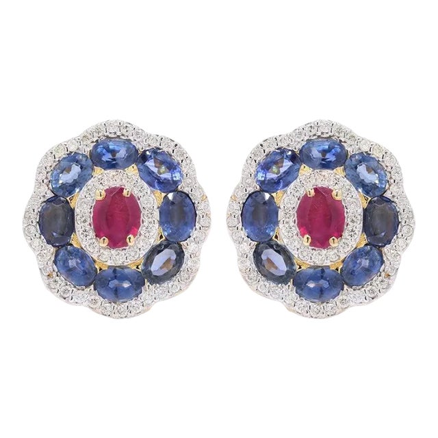 Regal 4.21ct Sapphire & Ruby Diamond Cluster Statement Earrings in 18k Gold- A Pair For Sale