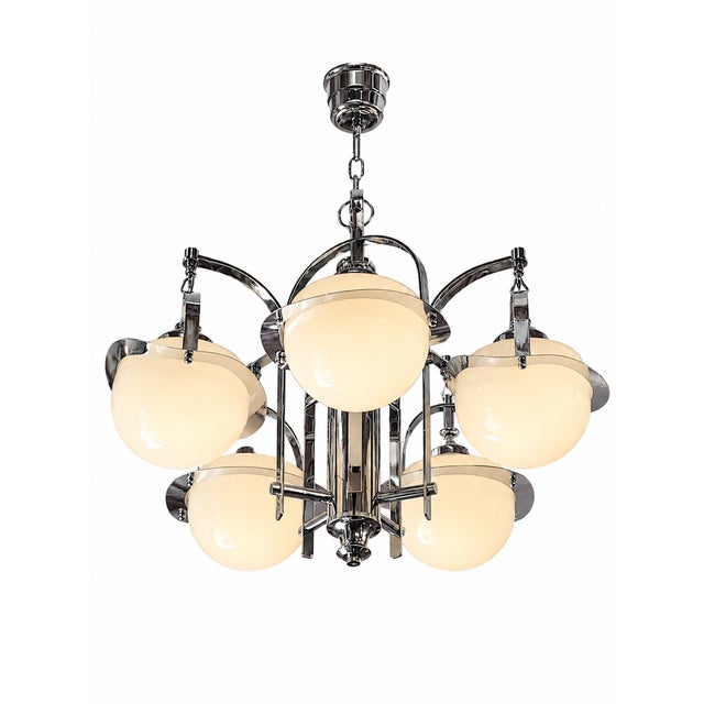 Art Deco Five-Light Chandelier in Chrome and Opaline Glass, 1930s For Sale - Image 6 of 6