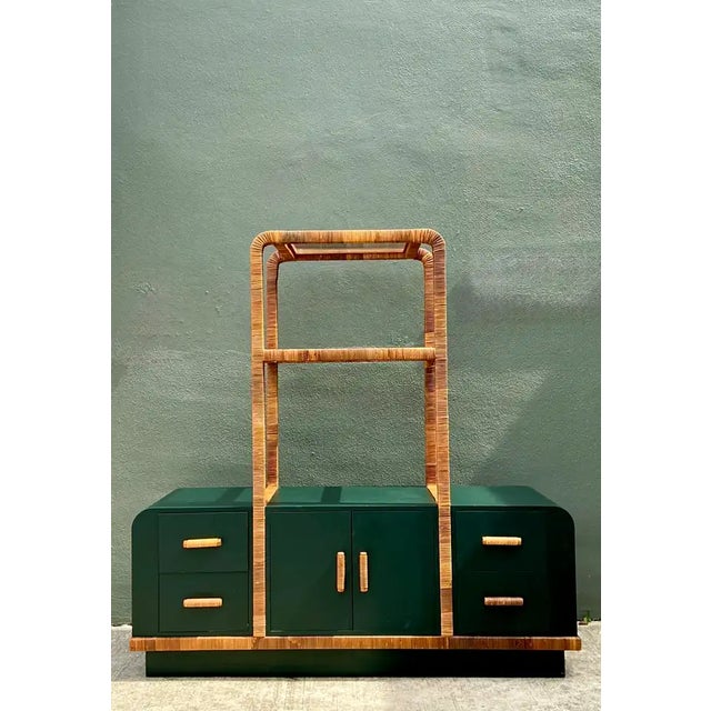 Mid-Century Modern Vintage Wrapped Rattan Etagere and Laminate Credenza For Sale - Image 3 of 12