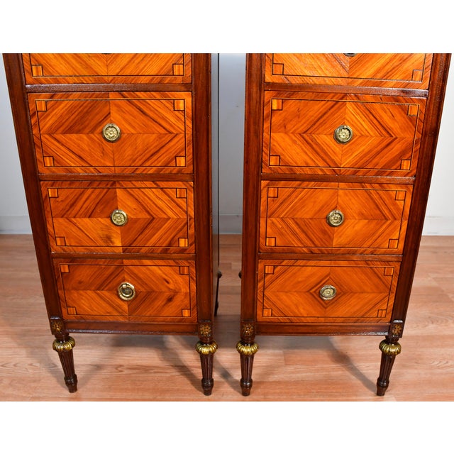 1900 - 1909 1900 Pair Antique French Louis XVI Walnut & Satinwood Marble Top Lingerie Stands For Sale - Image 5 of 12