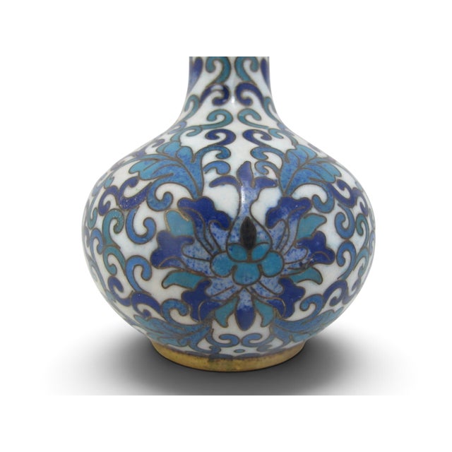 Metal Chinese Cloisonne Turquoise & Cobalt Blue Enamel Flower Small Brass Vase For Sale - Image 7 of 10