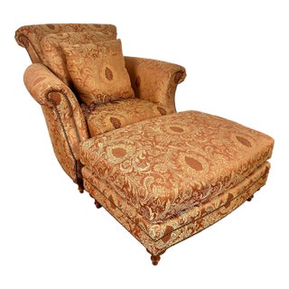 Henredon Scroll Back Upholstered Lounge Chair & Ottoman With Nailheads For Sale