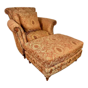Henredon Scroll Back Upholstered Lounge Chair & Ottoman With Nailheads - Set of 2