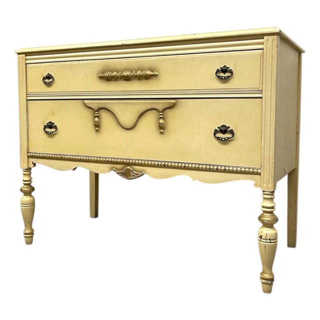 Late 20th Century French Provincial Style Painted Dresser With Turned Legs and Ornate Pulls For Sale