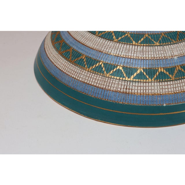 Large Teal and Gilt Ceramic "Seta" Pedestal Bowl by Aldo Londi for Bitossi Italy For Sale - Image 12 of 16
