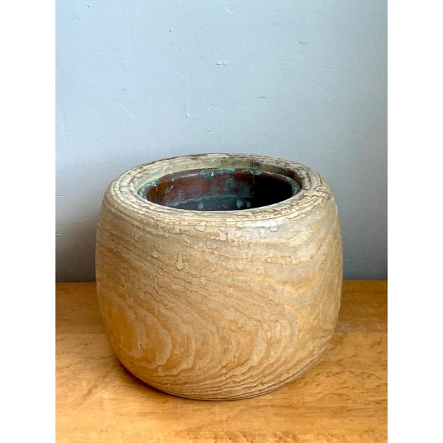 Wood Vintage Wood Vessel Planter With Copper Insert For Sale - Image 7 of 12