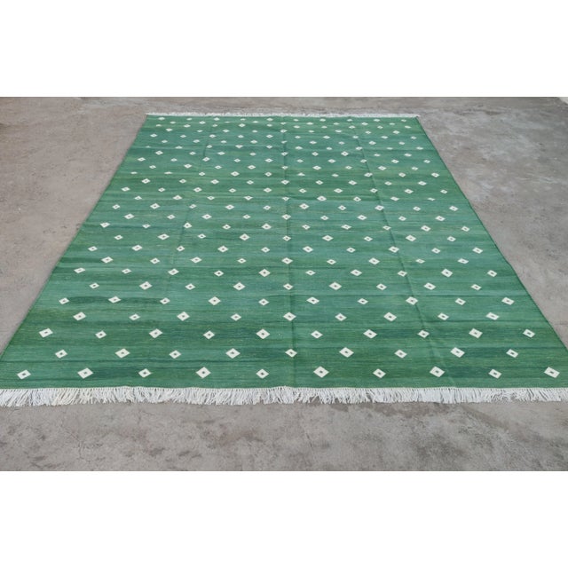 Handmade Cotton Rug, Forest Green with White Diamonds and Cream Fringe - 8'x10' For Sale - Image 6 of 10