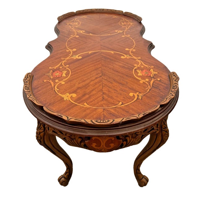 Vintage Oval Shaped Coffee Table Italian Marquetry Floral Inlay Parquetry For Sale - Image 4 of 12