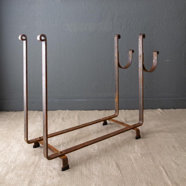 Metal Large Hammered Steel Firewood and Kindling Rack With Rustic Patina For Sale - Image 7 of 16