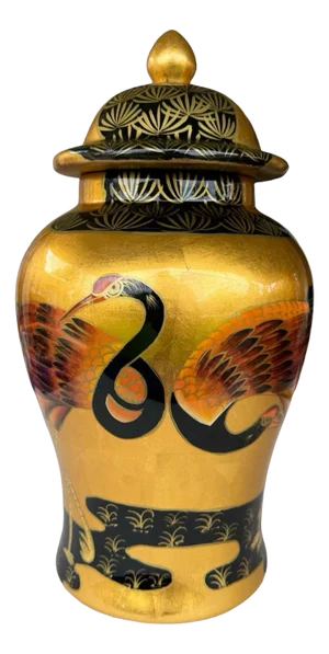 Large Vintage Hand Painted, Gold Leafed Ginger Jar Featuring Cranes
