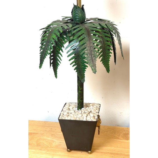 Metal Pair of Hollywood Regency Polychromed Tole Palm Tree Topiary Lamps, Circa 1970s For Sale - Image 7 of 14