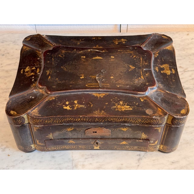 Wood 19th Century Lacquered Chinoiserie Sewing Box For Sale - Image 7 of 8