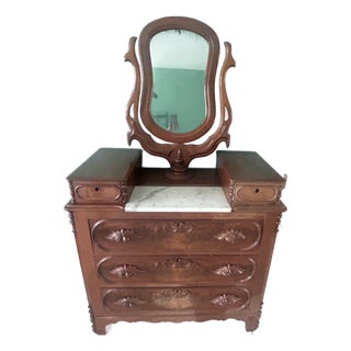 Antique Victorian Burl Walnut Dresser With Wishbone Mirror & Marble, C. 1870s For Sale