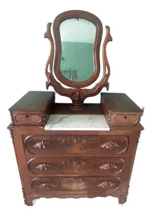 Antique Victorian Burl Walnut Dresser With Wishbone Mirror & Marble, C. 1870s