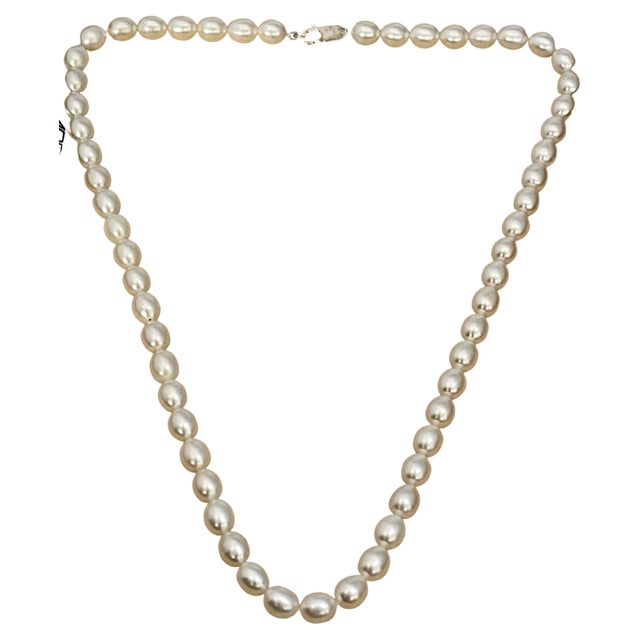 Fresh Water Elongated Pearl Single Strand Necklace, Silver Clasp For Sale - Image 15 of 18