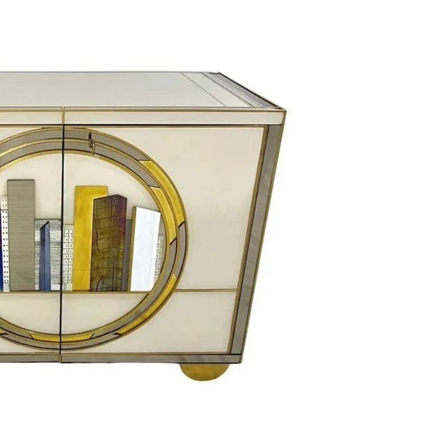 Gold Italian Art Deco Style Cabinet / Server With New York Skyline Glass Decoration For Sale - Image 8 of 10