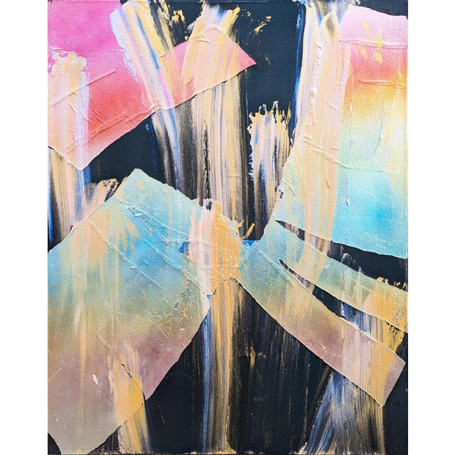 Bret Shirley Contemporary Colorful Metallic Gestural Pink, Blue, and Gold Abstract Painting, 2017 For Sale