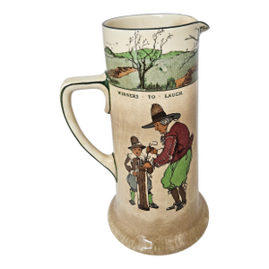 Early 20th Century Tall Royal Daulton Charles Crombie Ceramic Tankard With Golfing Scenes and Inscription