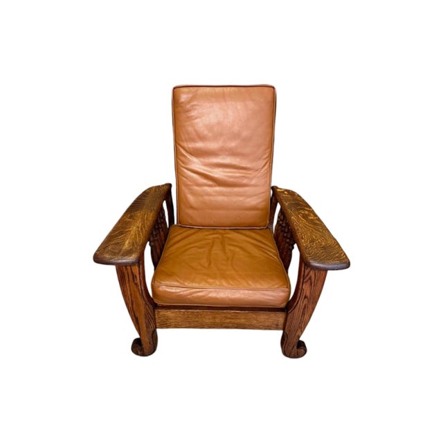 Antique 1900's Mission Style - Morris Reclining Chair. Quarter-Sawn Oak frame with wide flat arm rest and spindle...