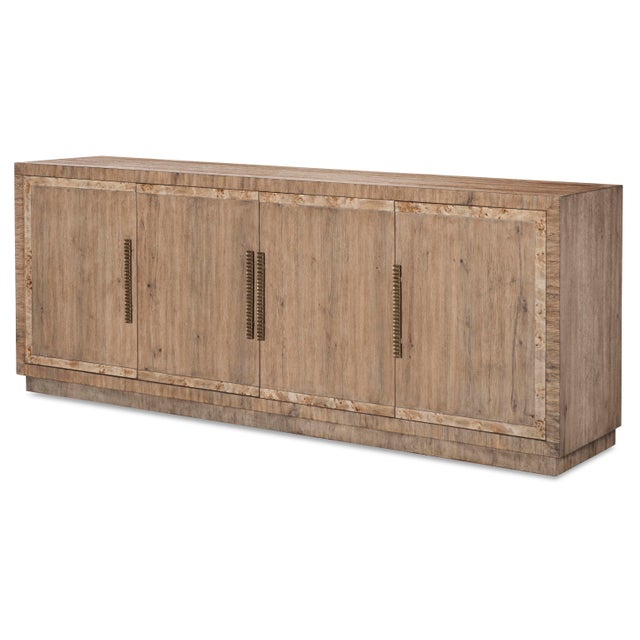Behind center set of doors is one pull-out drawer with open storage above & below<br>Behind outer two doors is one...